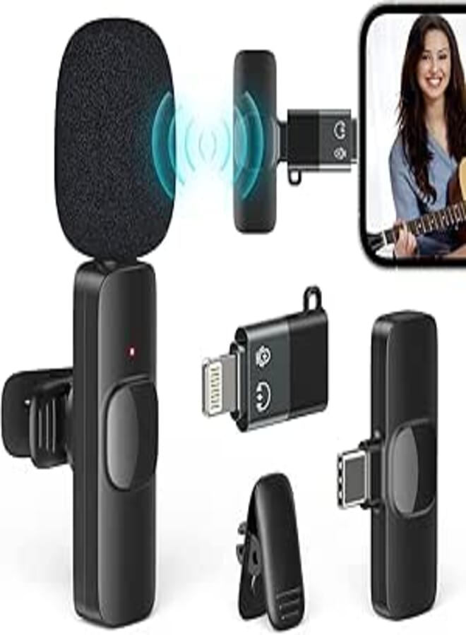 TECHBLAZE K8 Mini Wireless Microphone 2.4G Omnidirectional Collar Mic for Mobile Portable Lavalier Mike with Type C & Lightning Connector for Vlogging Camera Recording Broadcasting Live Streaming